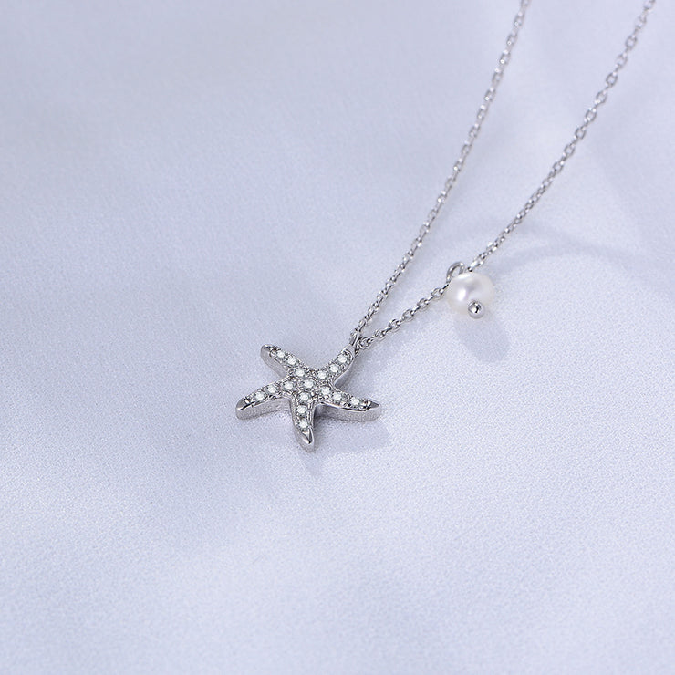 Starfish With Pearl Silver  Necklace
