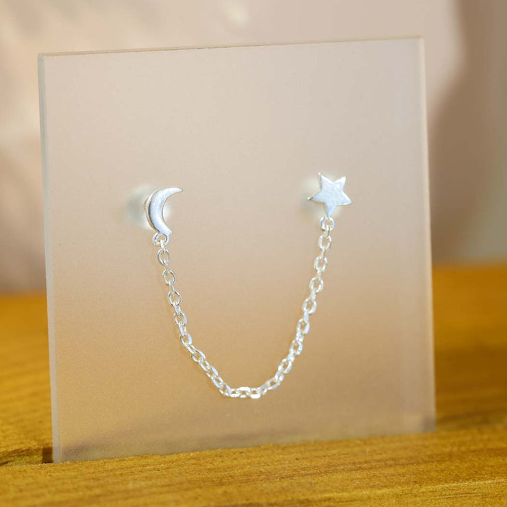 Silver Moon and Star Chain Stud Earring