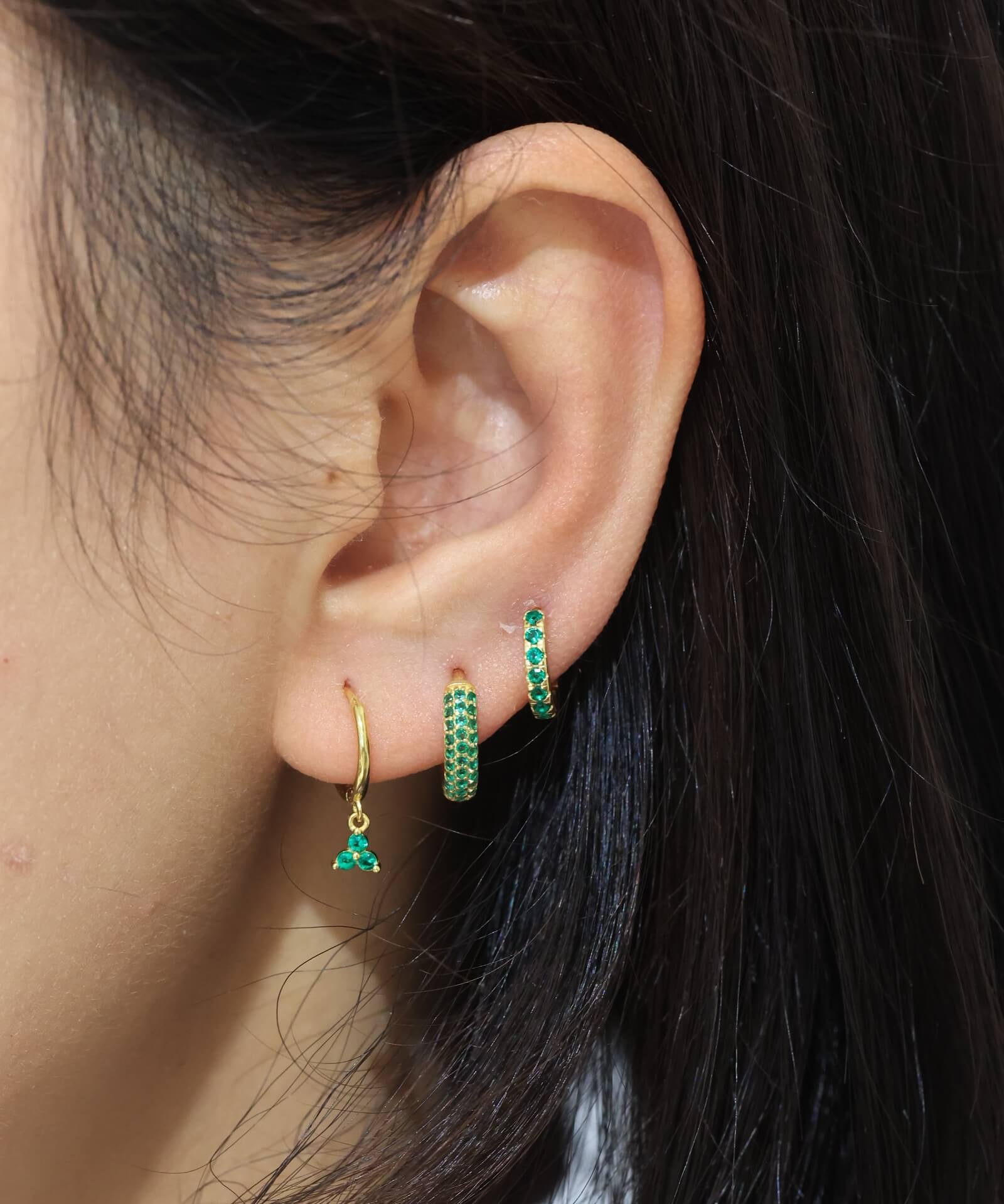 Embedded Green Cz Gold Huggies