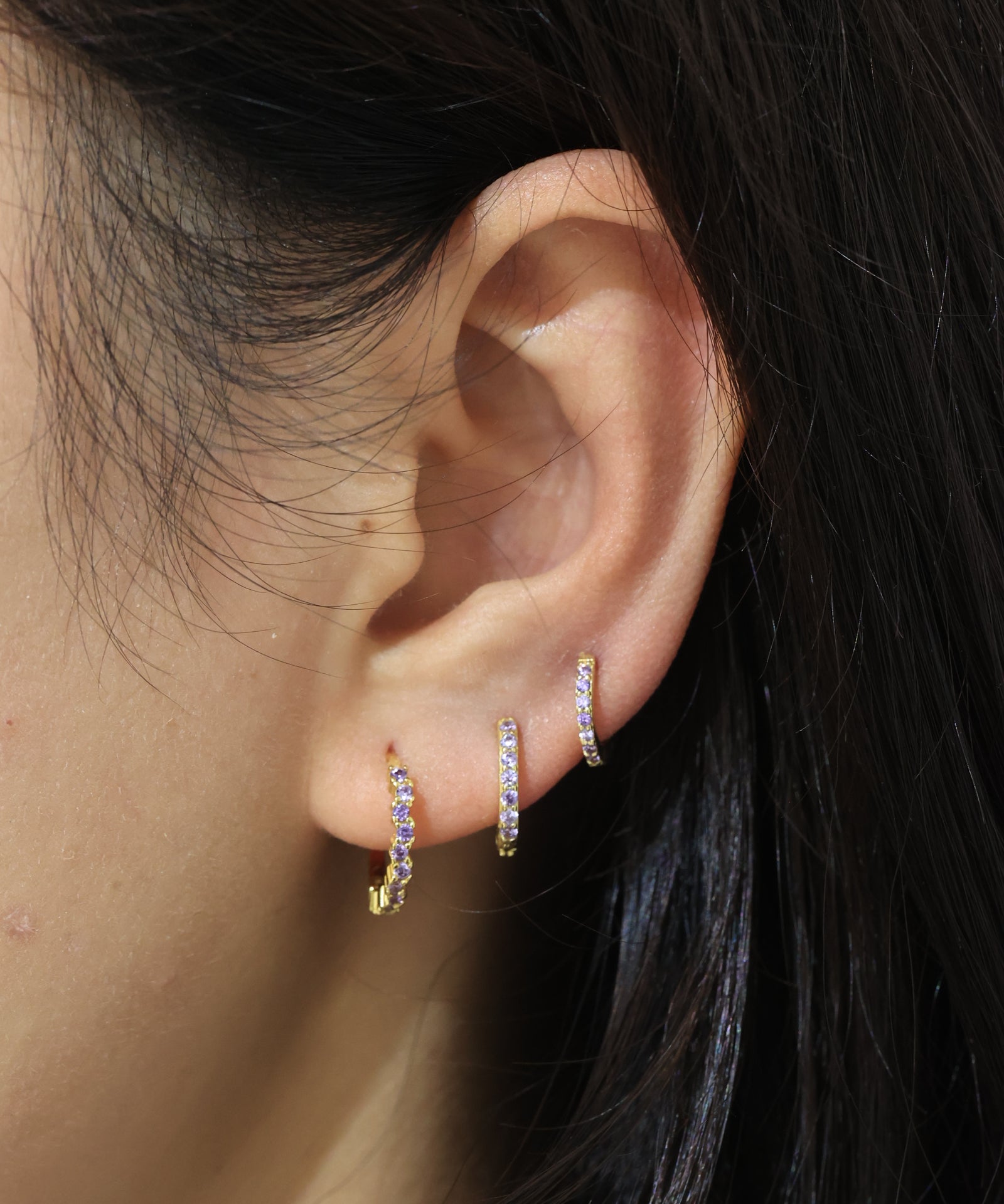 Eternity Amethyst Cz Huggie Hoops- Gold Plated Sterling Silver