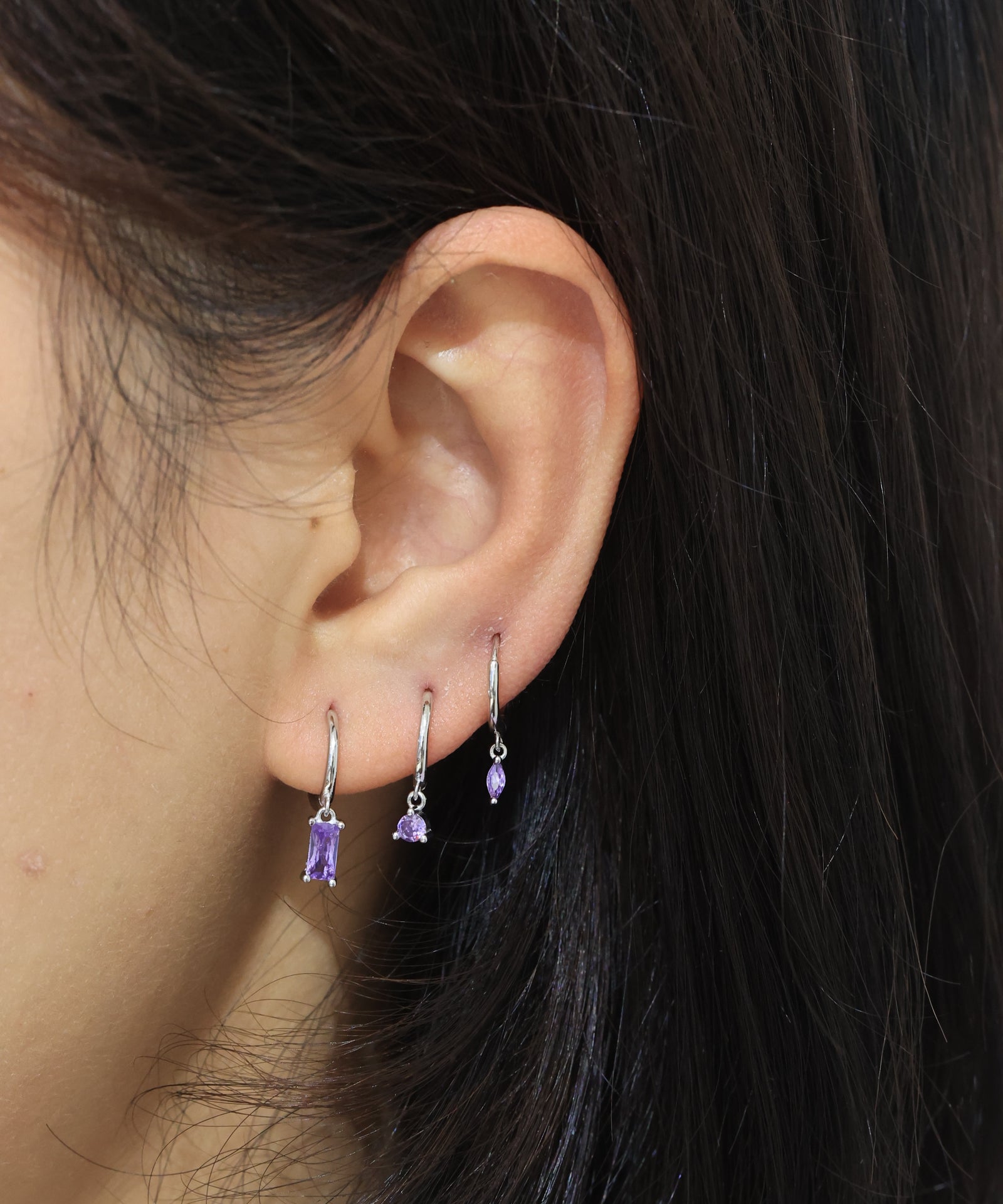 Three Claw Purple CZ Dangle Hoop Huggies