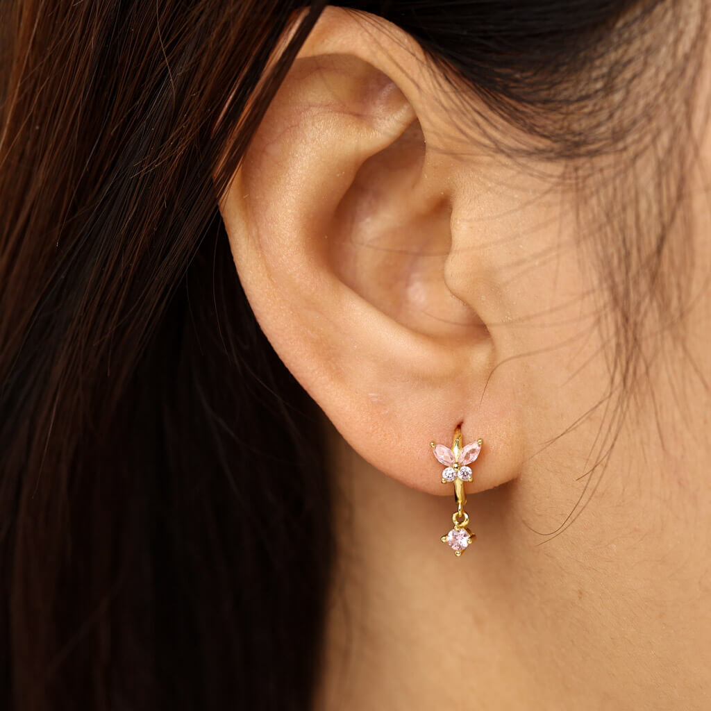 Butterfly Light Pink CZ Dangle Hoop Huggies