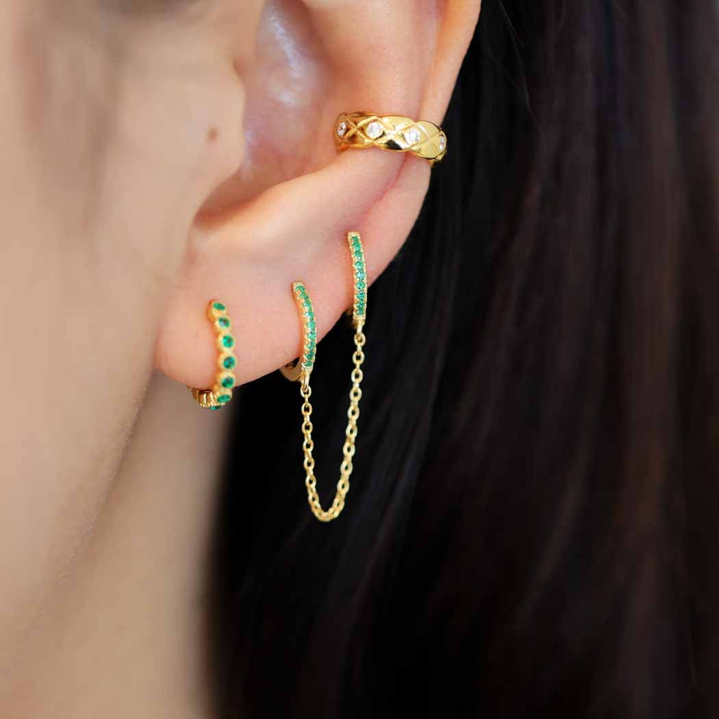Green Cz Double Gold Dangle Hoop