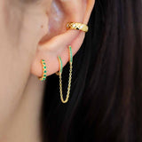 Green Cz Double Gold Dangle Hoop