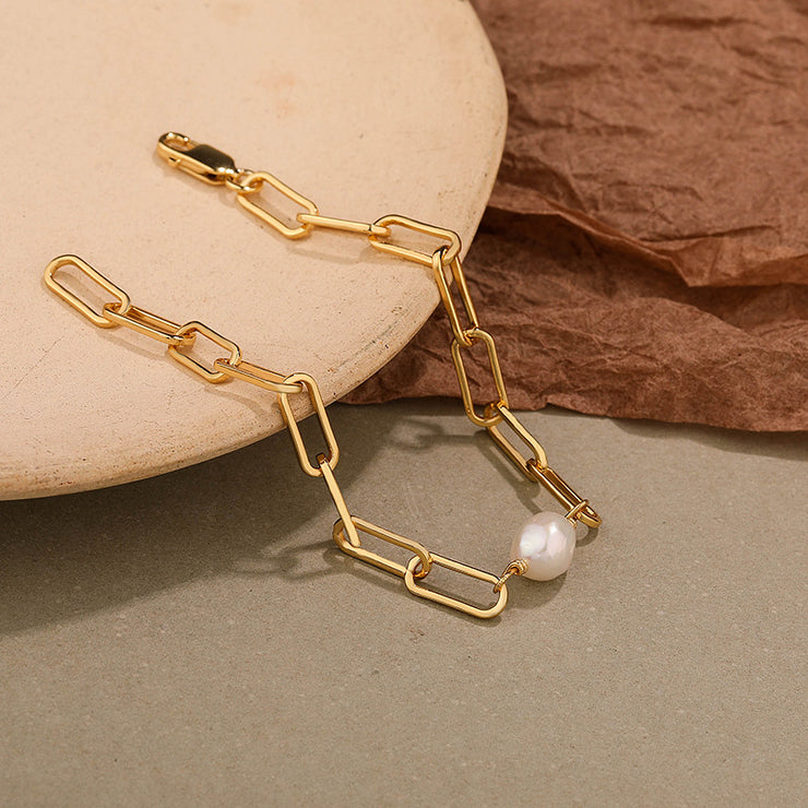 Square Chain With Pearl Gold Bracelet