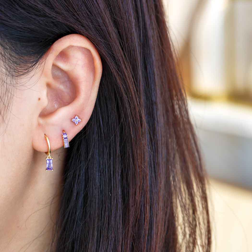 The Lov Purple CZ Gold Dangle Hoop Huggies