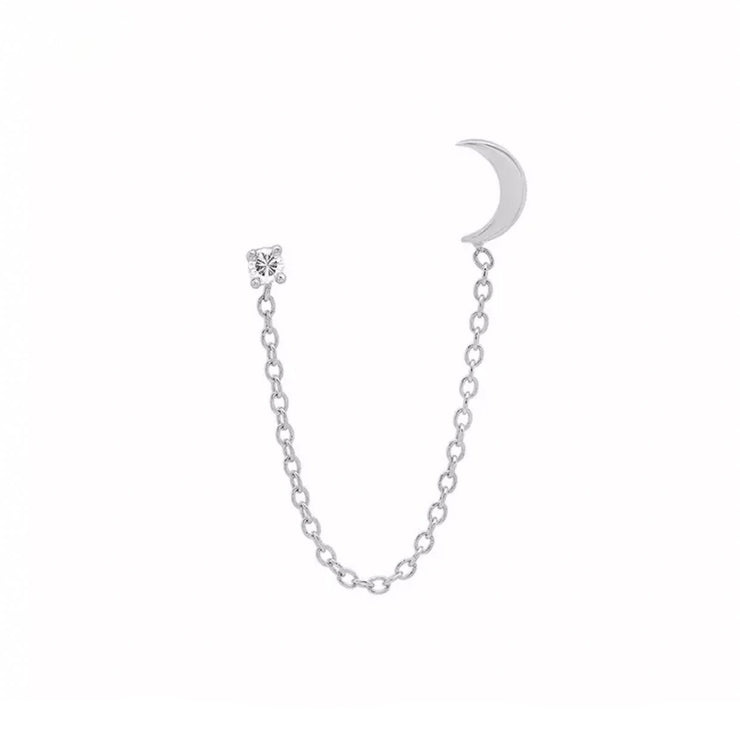 Shining Crystal and Moon Silver Chain Stud Earrings