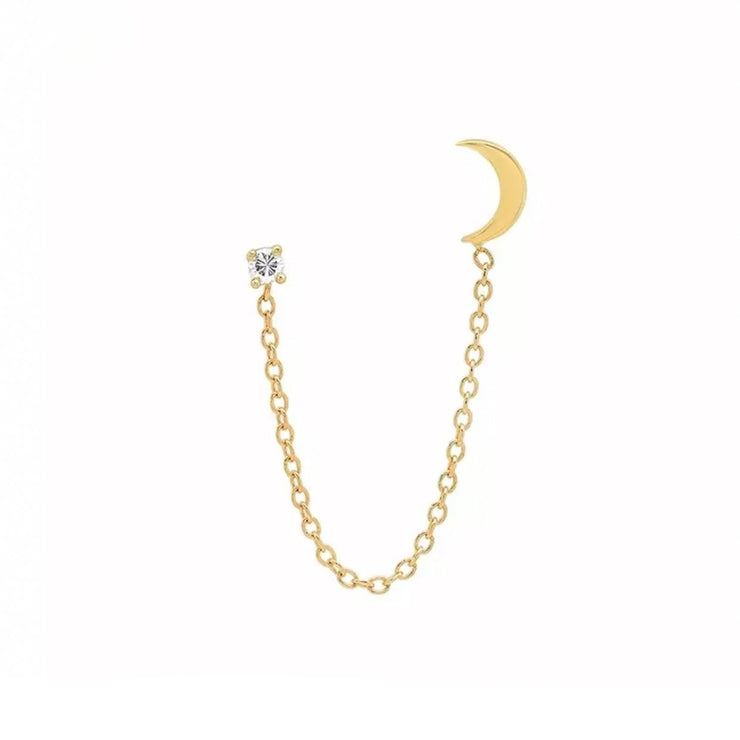 Shining Crystal and Moon Gold Chain Stud Earrings