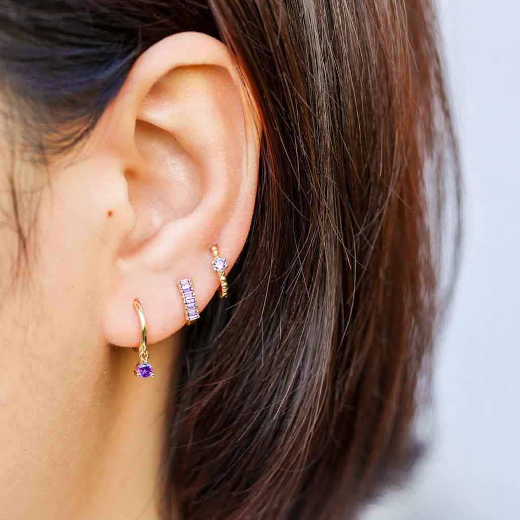 Three Claw Purple CZ Dangle Hoop Huggies