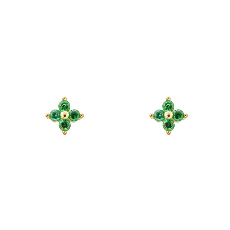 Emerald Four CZ Flower Gold Stud Earring