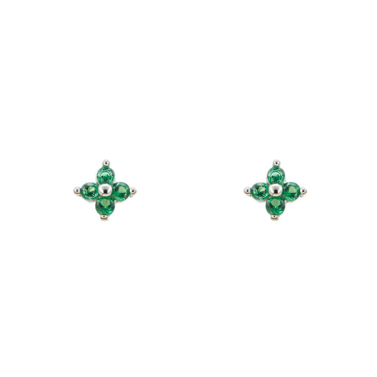 Emerald Four CZ Flower Silver Stud Earring