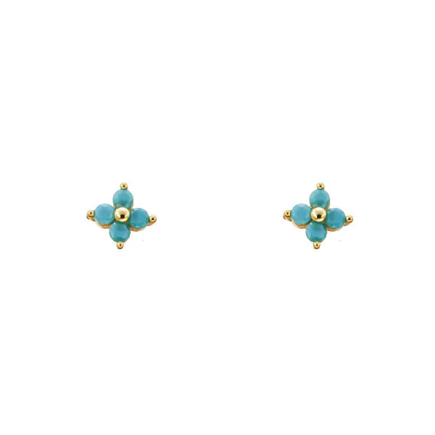 Turquoise Four CZ Flower Gold Stud Earrings