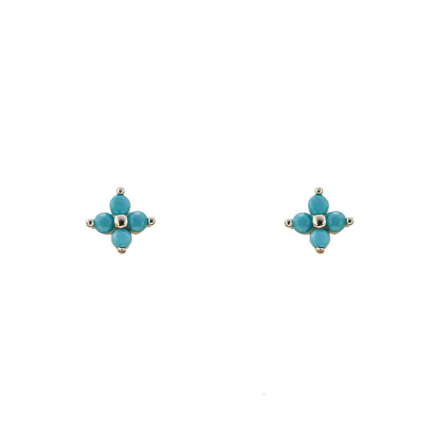 Turquoise Four CZ Flower Silver Stud Earrings