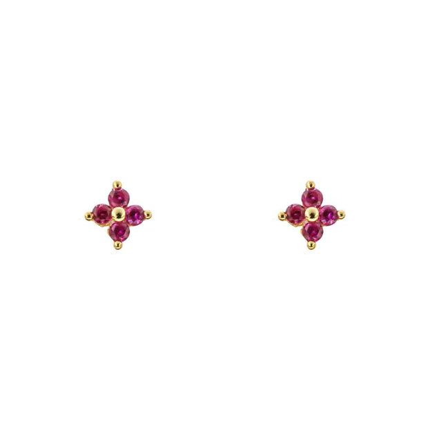 Pink Four CZ Flower Gold Stud Earring