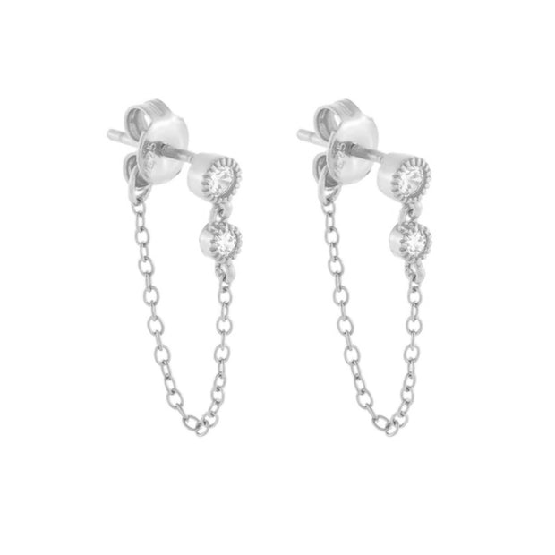 Laila Double  Cz Silver Chain Stud Earrings