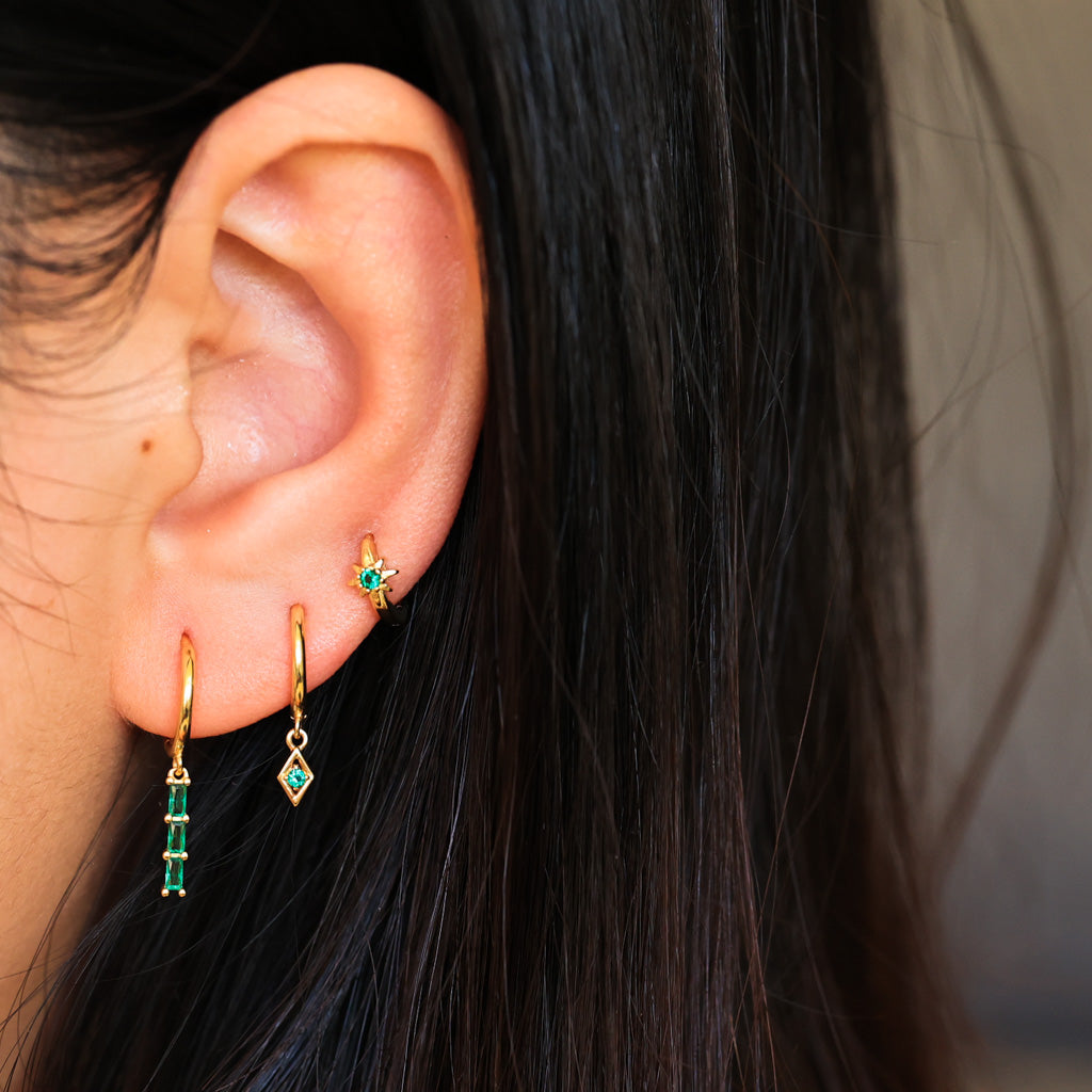 Triple Emerald  Dangle Hoop