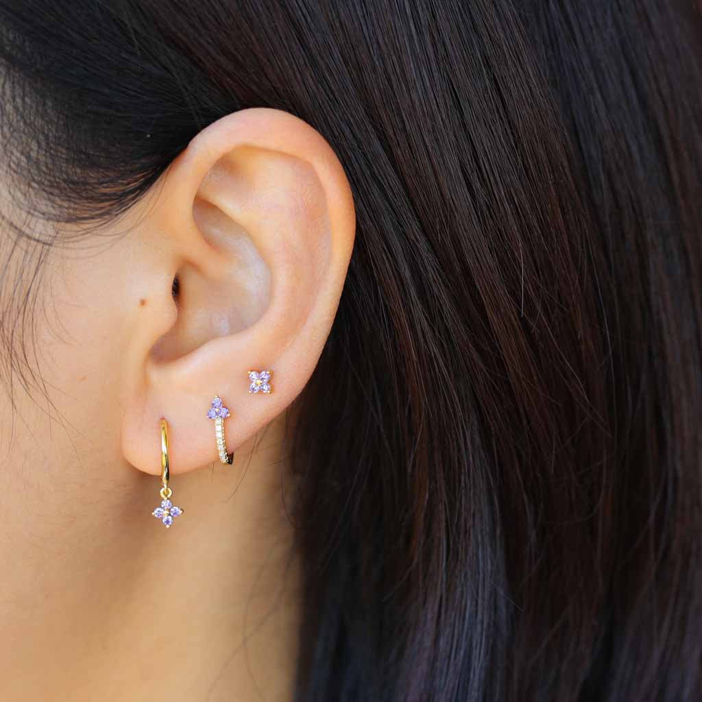 Purple Floe CZ Gold Stud Earring