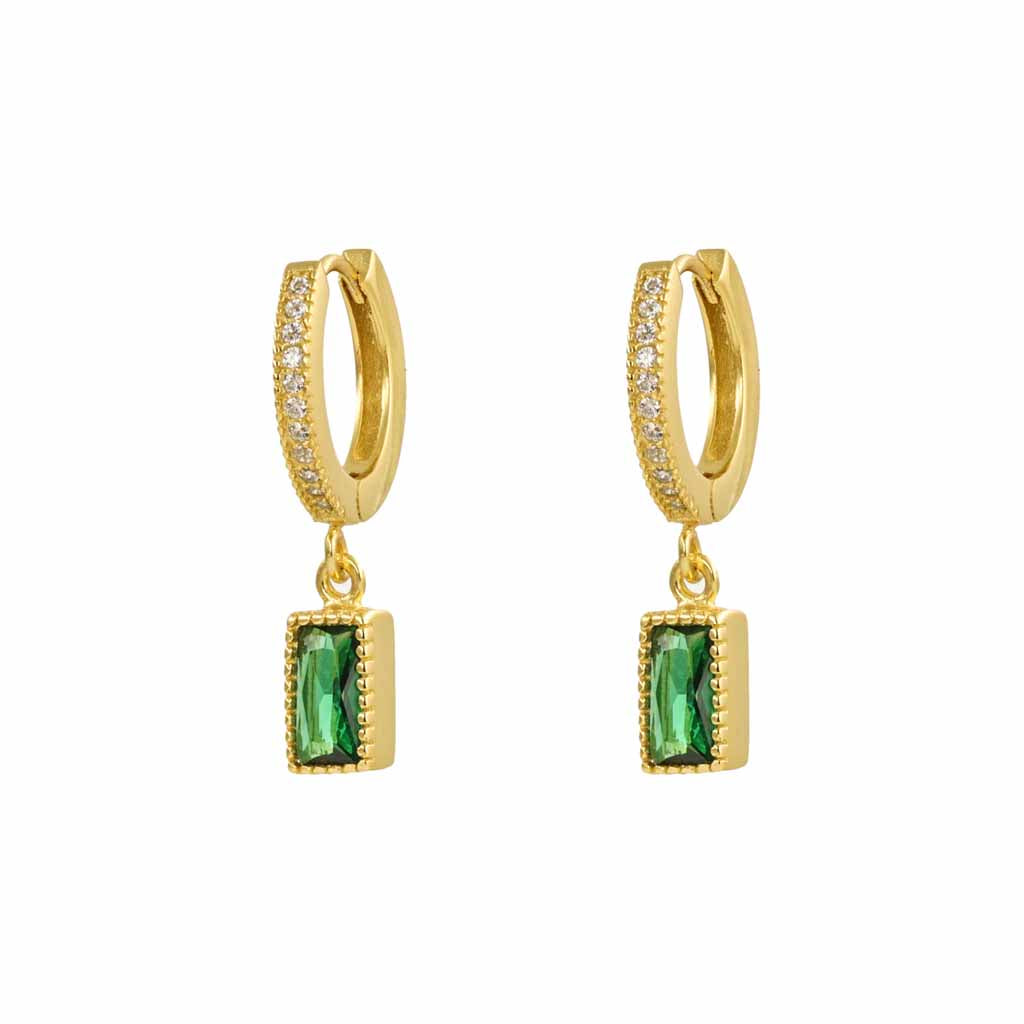 Rectangle Emerald Cz Gold Dangle Hoop