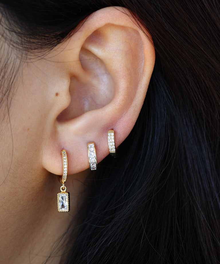 Rectangle White CZ Dangle Hoop