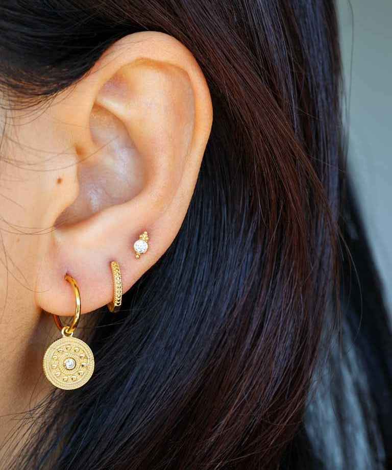 Circle CZ with Beads Gold Small Stud Earrings