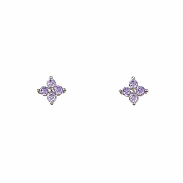 Purple Four CZ Flower Silver Stud Earring
