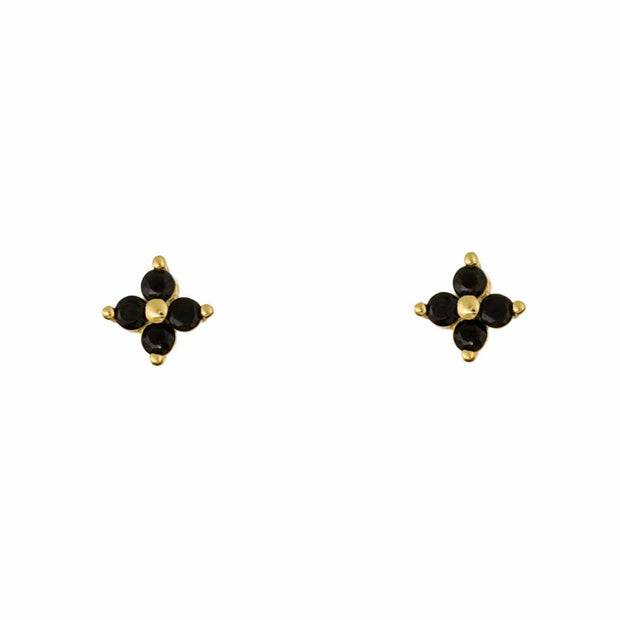 Black Four CZ Flower Gold Stud Earring