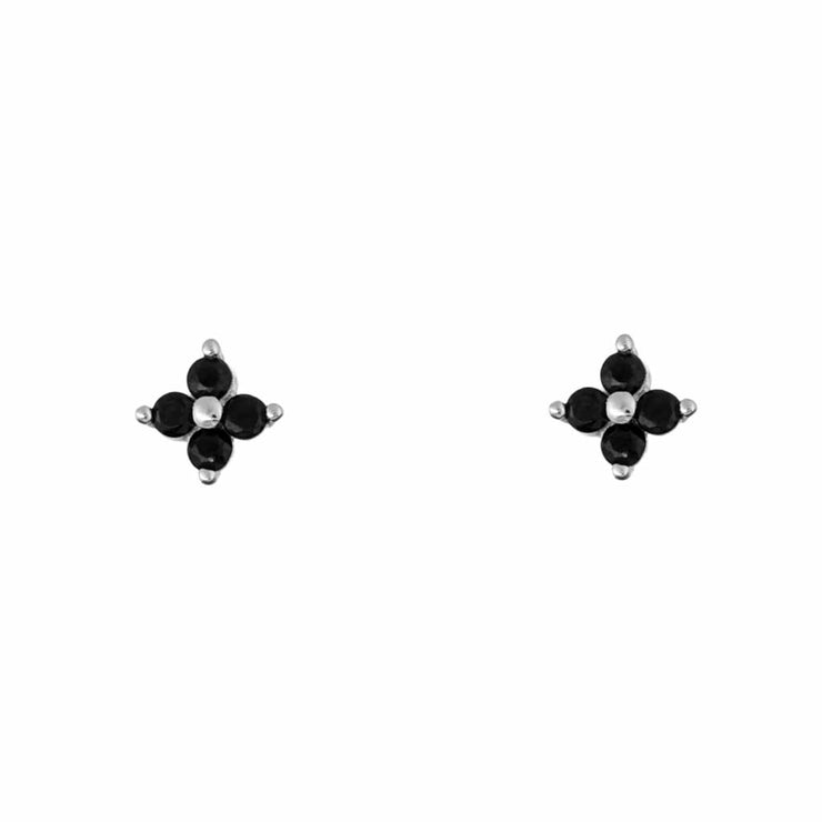 Black Four CZ Flower Silver Stud Earring