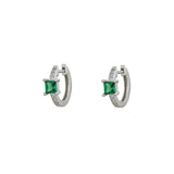Square Green Cz Silver Huggies