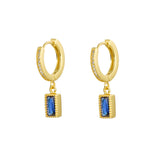 Rectangle Blue CZ Gold Dangle Hoop