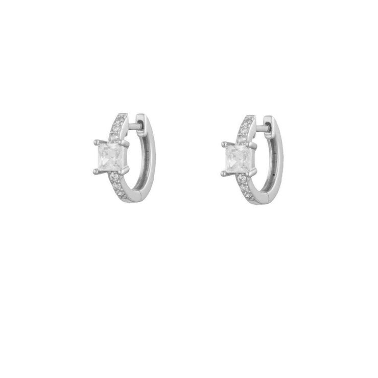 Square White Cz Silver Little Hoop Huggies