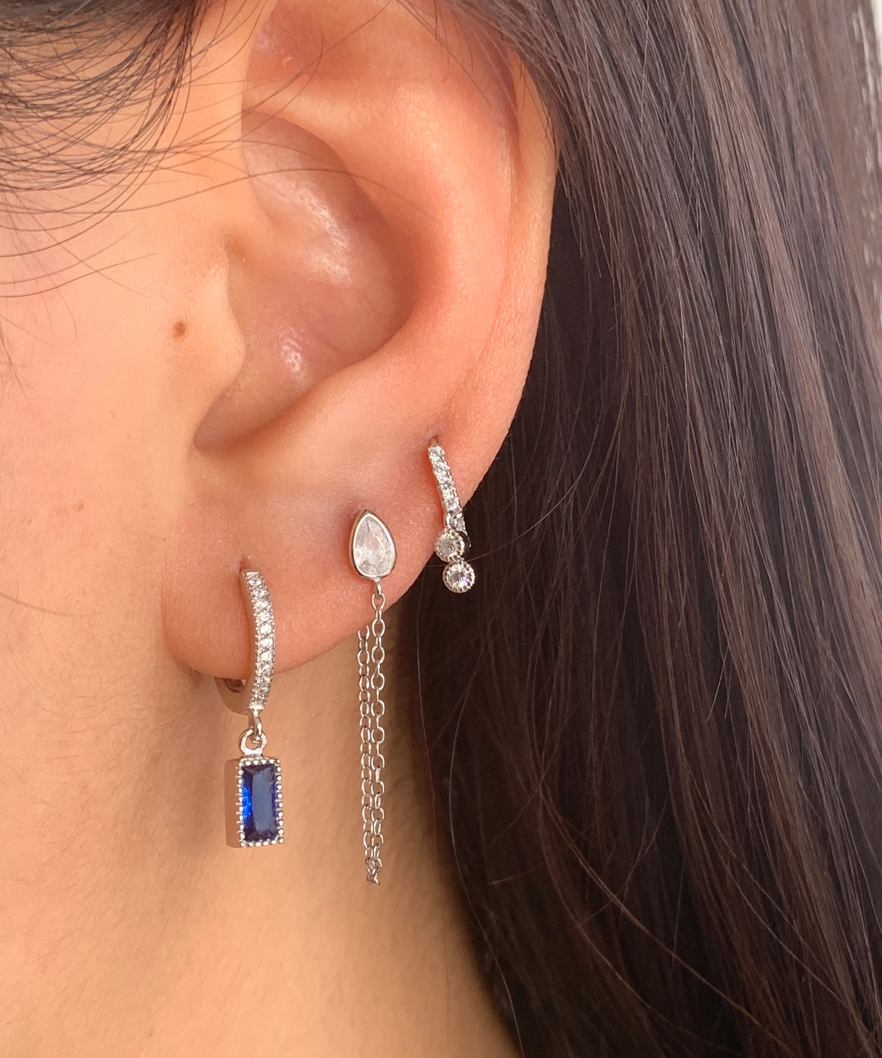 Rectangle Blue Cz Silver Dangle Hoop