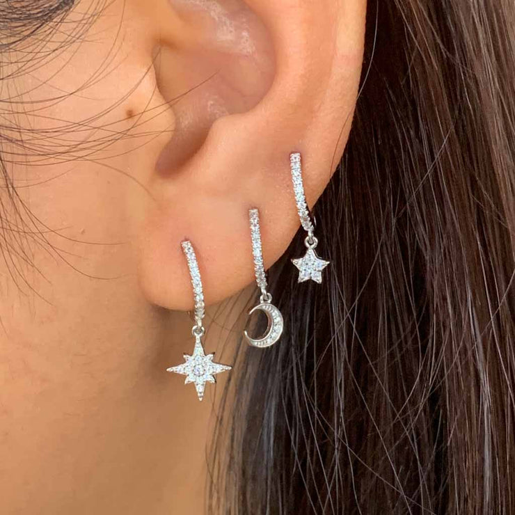 Moon and Star Silver Dangle Hoop