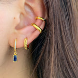 Rectangle Blue CZ Gold Dangle Hoop