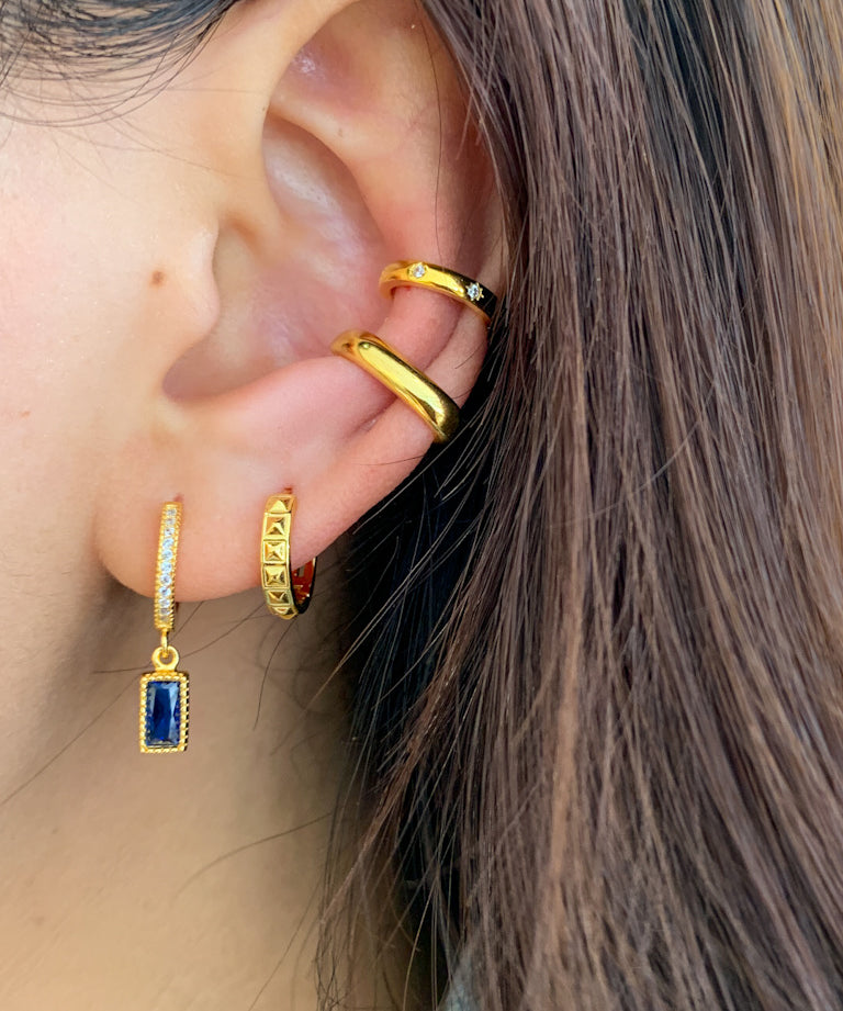 Rectangle Blue CZ Gold Dangle Hoop