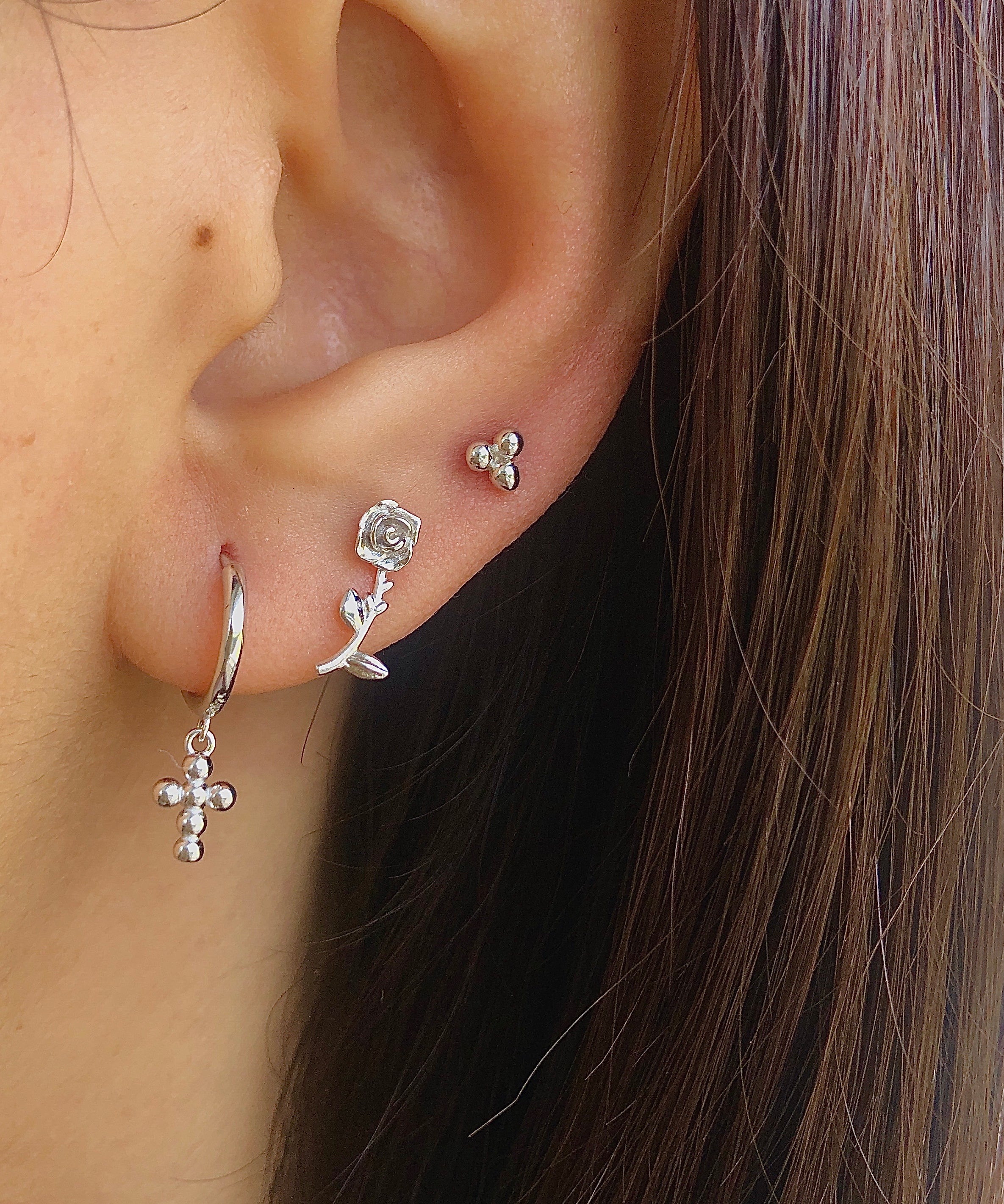 Three Beads Silver Stud Earrings