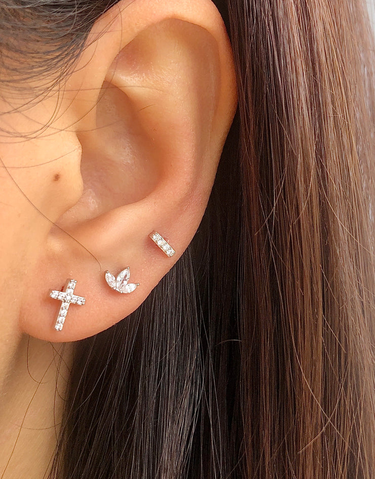 Bar with CZ Silver Stud Earrings