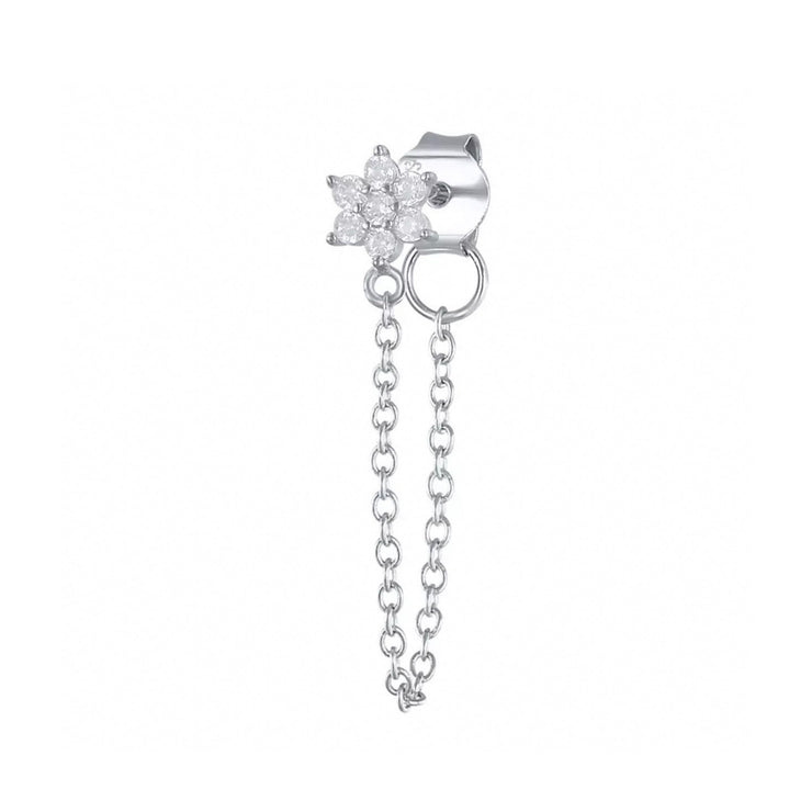 CZ Flower Silver Chain Stud Earrings