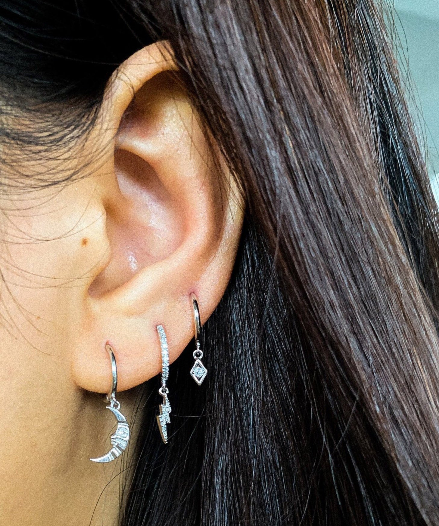 Rectangle White Silver Dangle Hoop