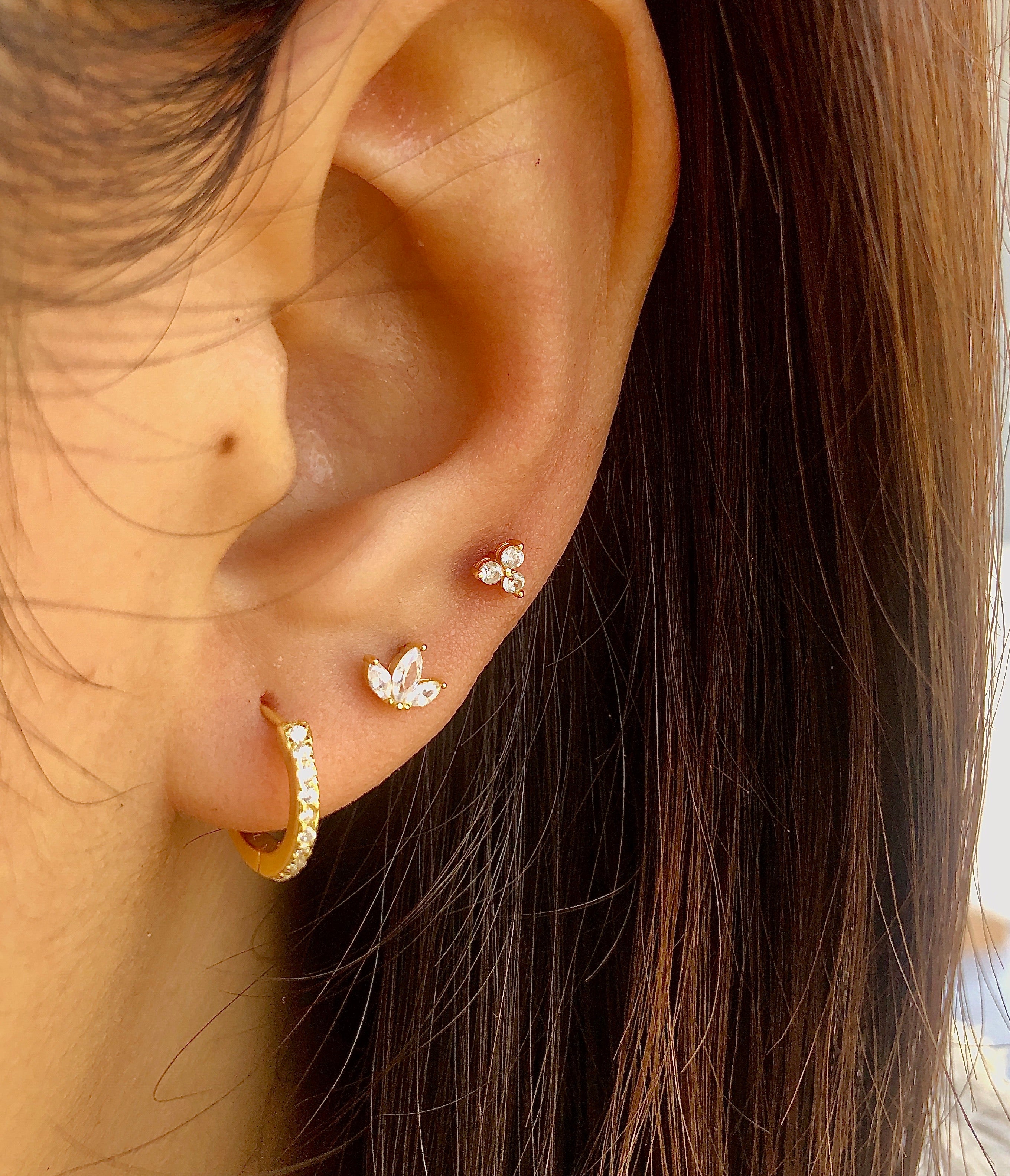 White Triple Gold Stud Earring
