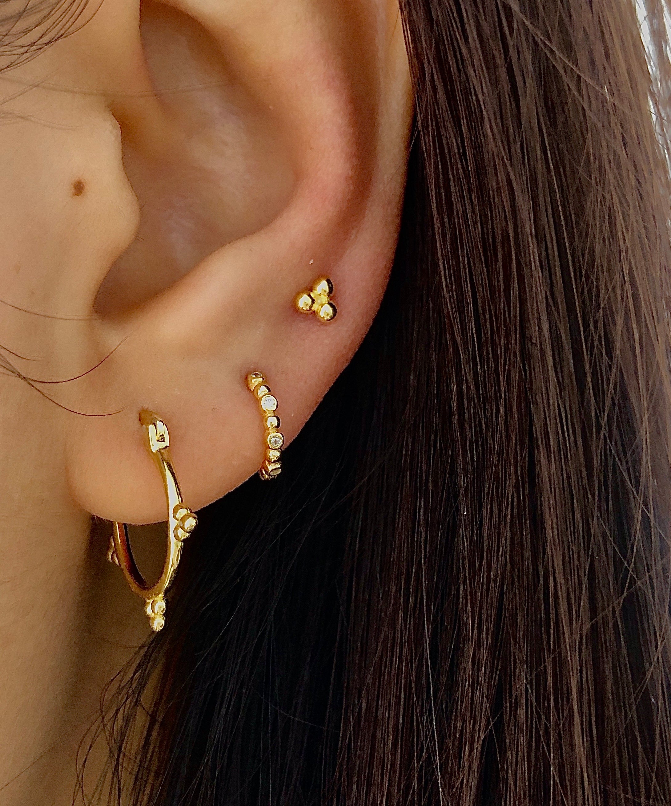Three Bead Gold Stud Earrings