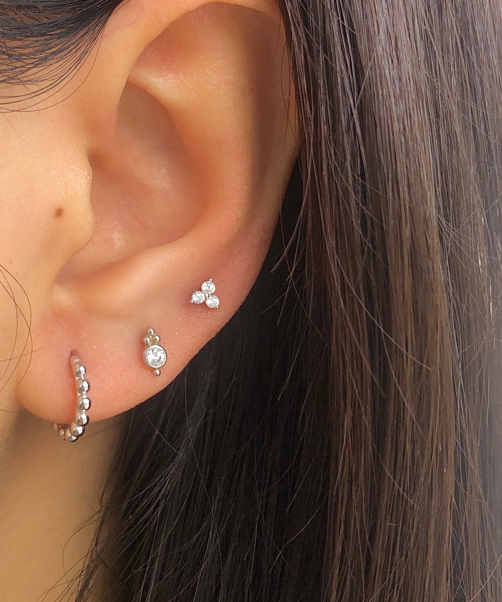 Circle CZ with Beads Silver Small Stud Earrings