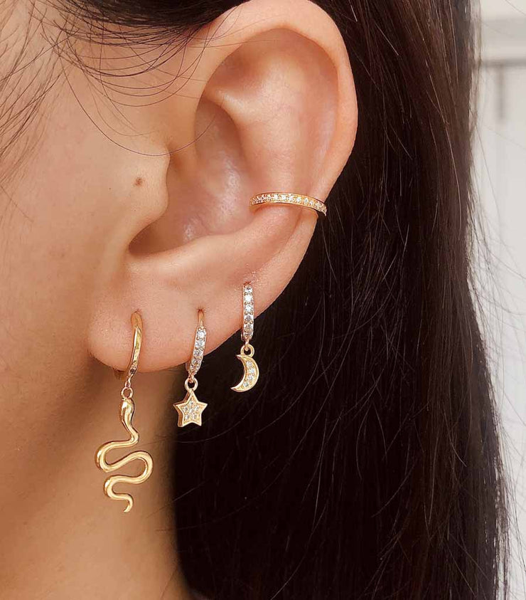 Mismatch Star and Moon Gold Dangle Hoop